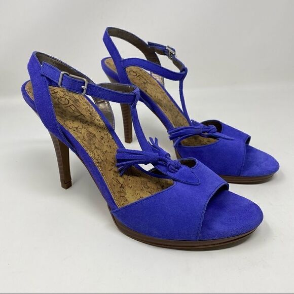 Ann Taylor Loft Sz 8 Bombay Blue Suede Strappy Tassel Stacked 4.5” Skinny Heel - Picture 1 of 12